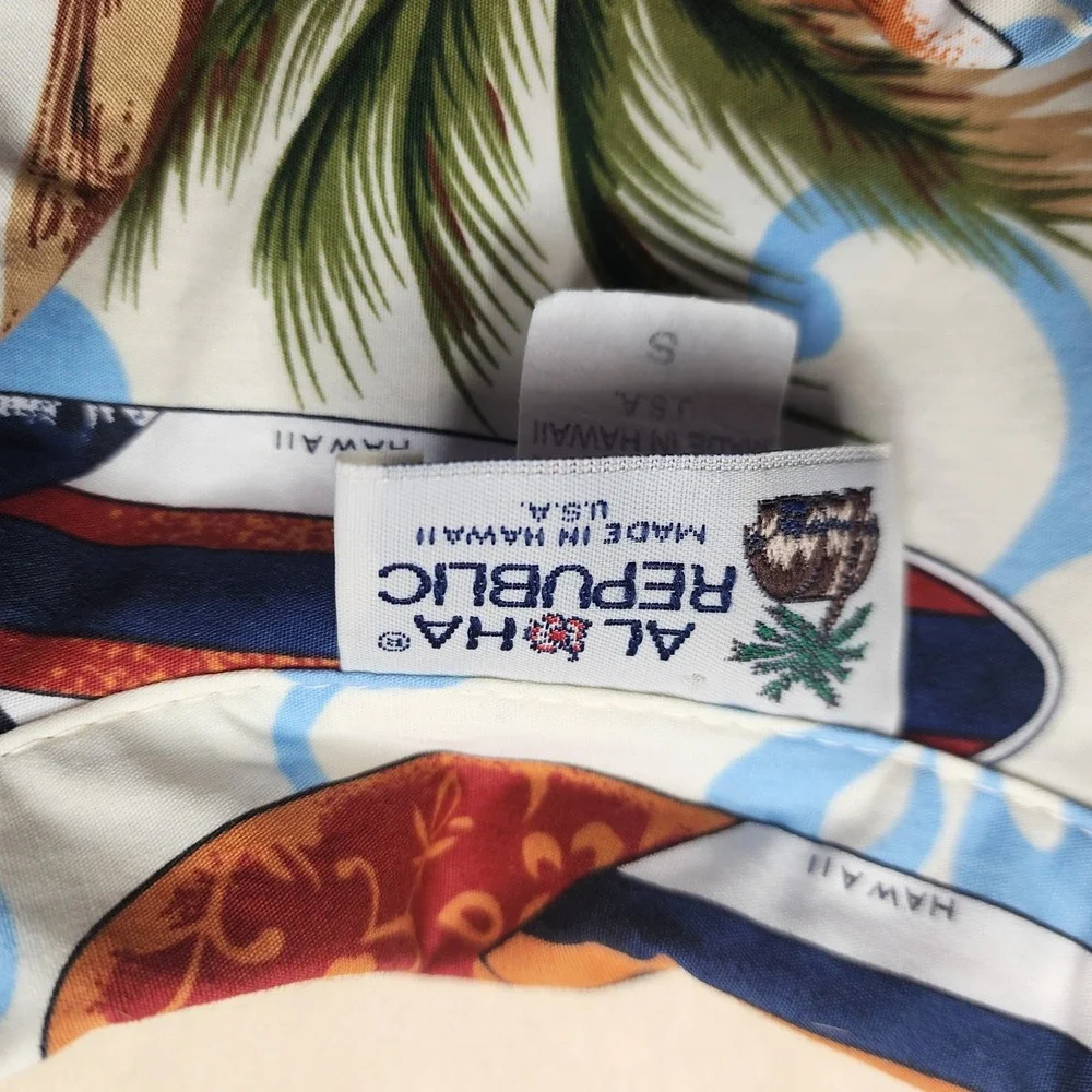 Aloha Republic Mens Small Hawaiian Shirt‎ Surfboard Palm Tree Cotton Made in USA